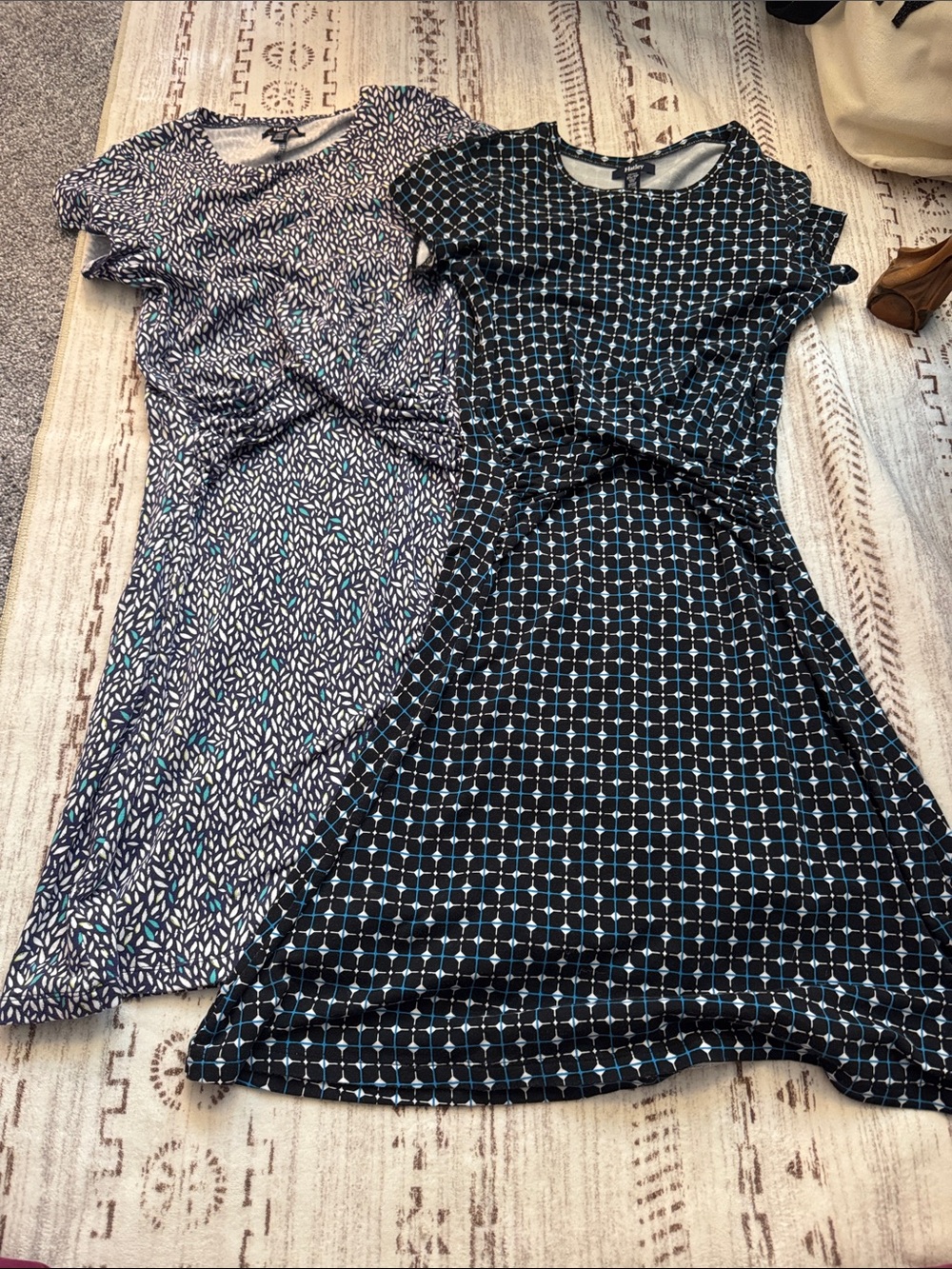 Hatley Black Dress with Teal Grid Print and Navy Leaf-Print Dress - Two-Pack